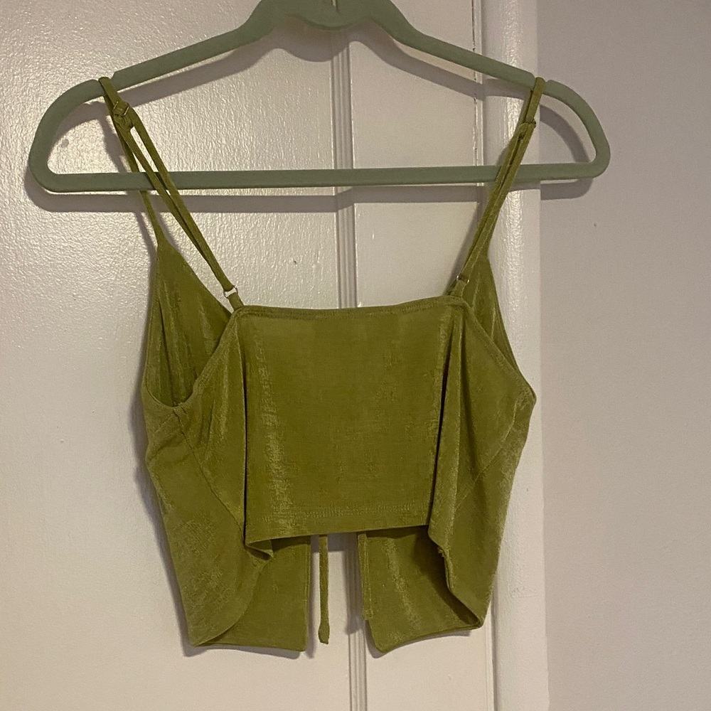 elodie y2k chartreuse green Velvet velour Tie-Front Crop Top. Summer, festival. - Picture 2 of 4
